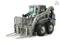 A grey compact loader with fork attachment, suitable for construction or agricultural uses. Brand logos visible in the top right corner.