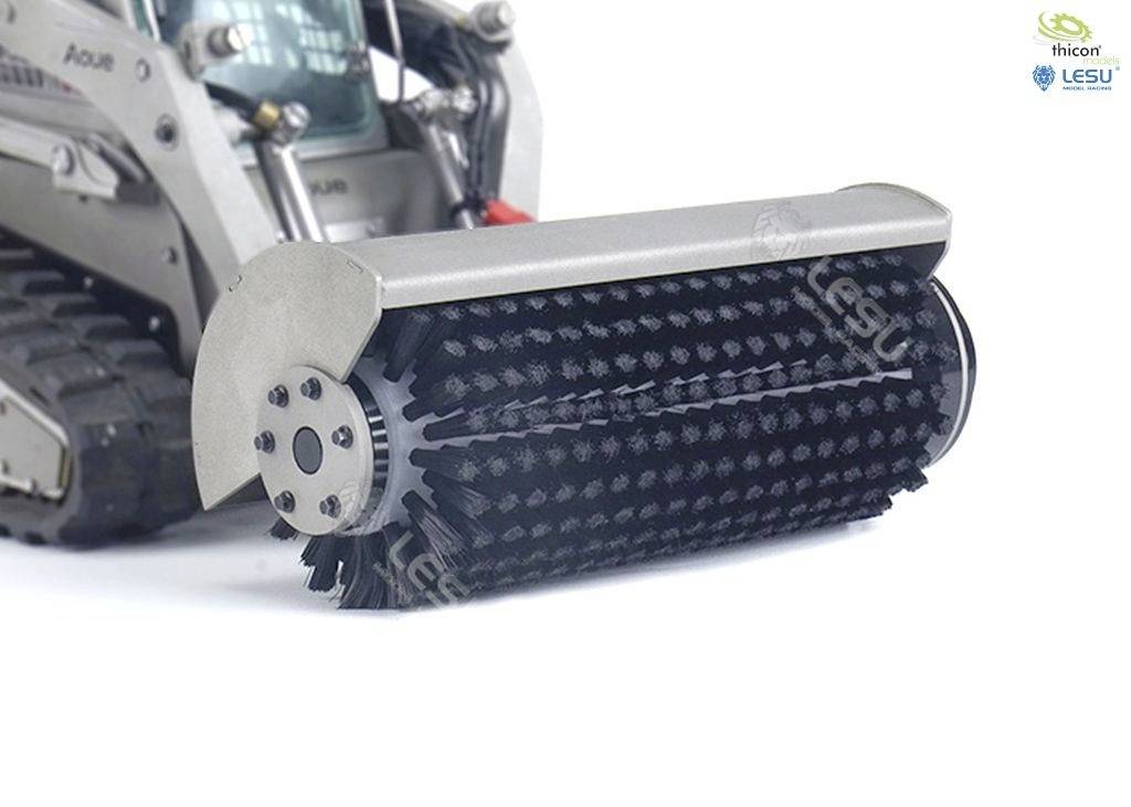 A tracked vehicle with a large rotating brush, suitable for street cleaning tasks or industrial applications.