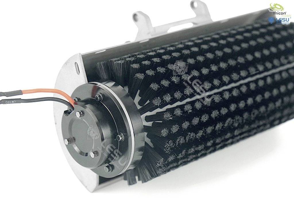 The image depicts a cylindrical cleaning brush with black bristles and a connecting cable, used for industrial machinery.