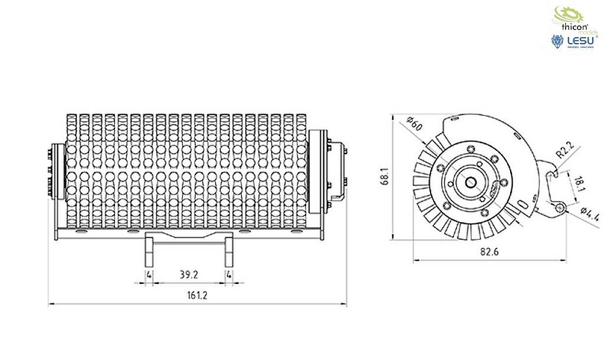 Technical drawing of a roller with detailed dimensions and labels, showing front and side views.