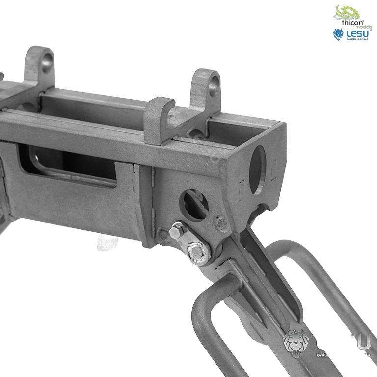 Metallic machine component with mechanical joints and mounting points, suitable for use in technical applications.