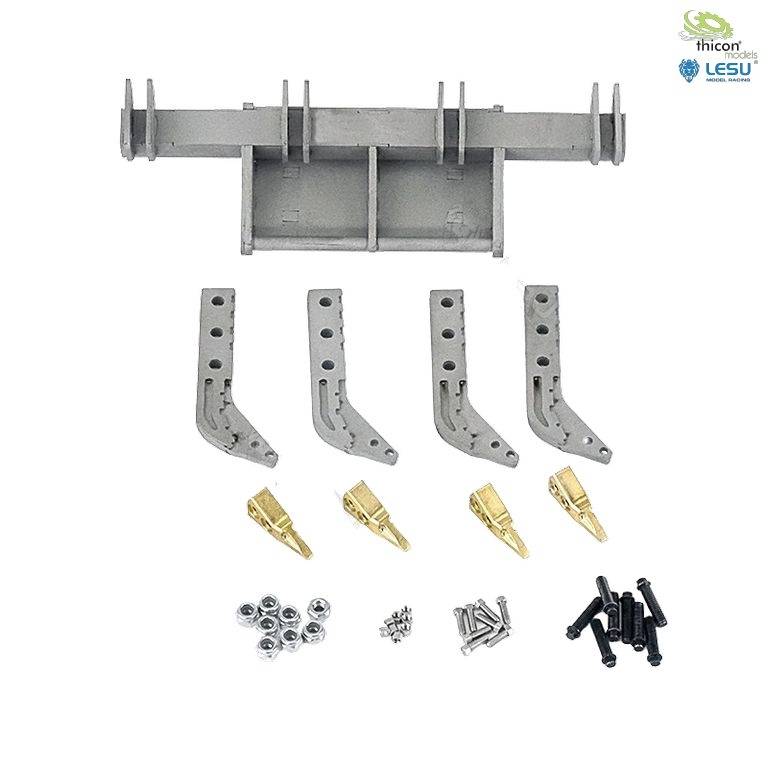 A mounting kit for construction machinery accessories, consisting of metal parts, screws and nuts. Contains five grey mounting brackets and golden knife tips.