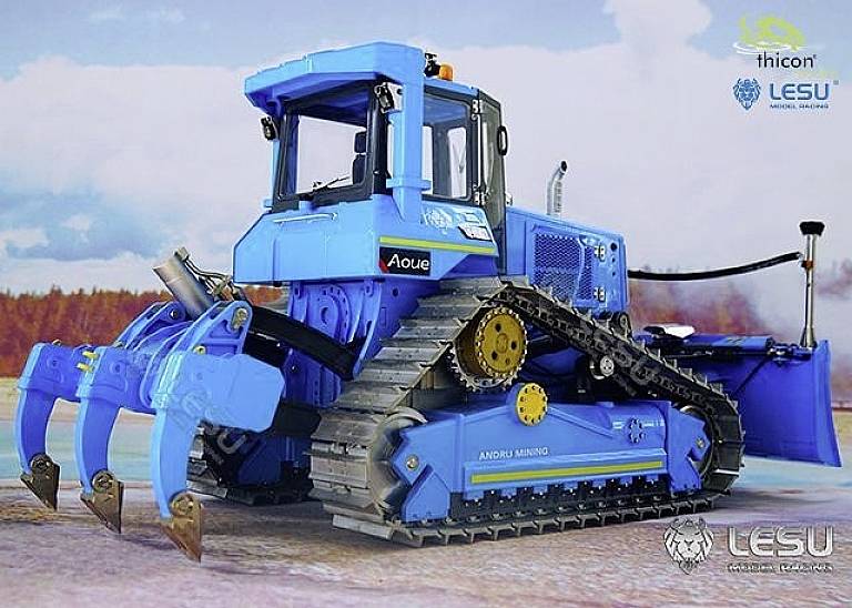 Blue remote-controlled excavator on a sandy ground, surrounded by trees. Brand logos 'Thicon' and 'LESU' in the top right corner.