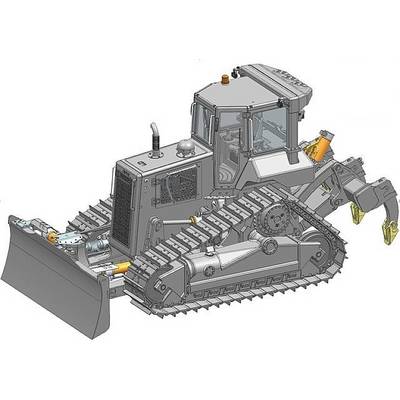 A heavy-duty bulldozer with wide track wheels and a large front blade. Suitable for construction and earthmoving works.
