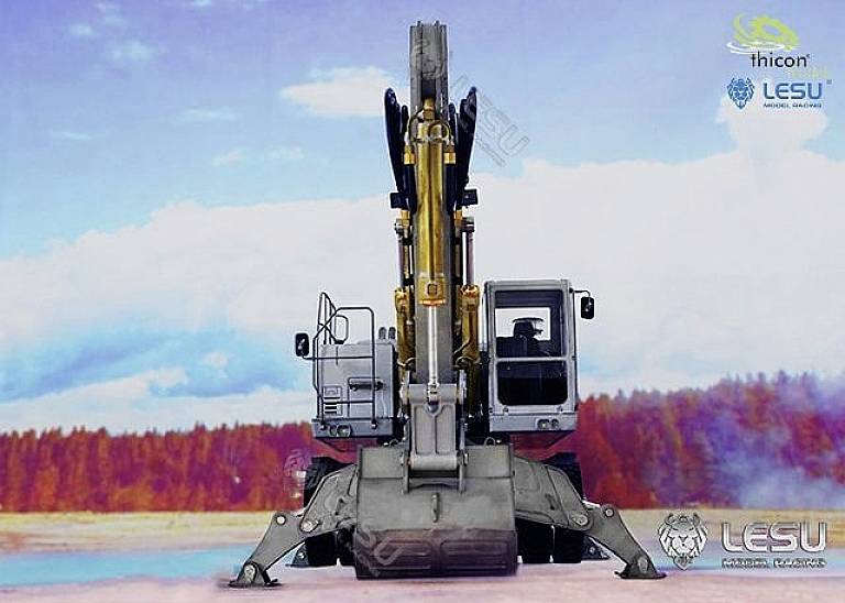 An excavator stands on a colourful ground in front of a forest and a blue sky. Logos for 'thicon' and 'LESU' are visible.