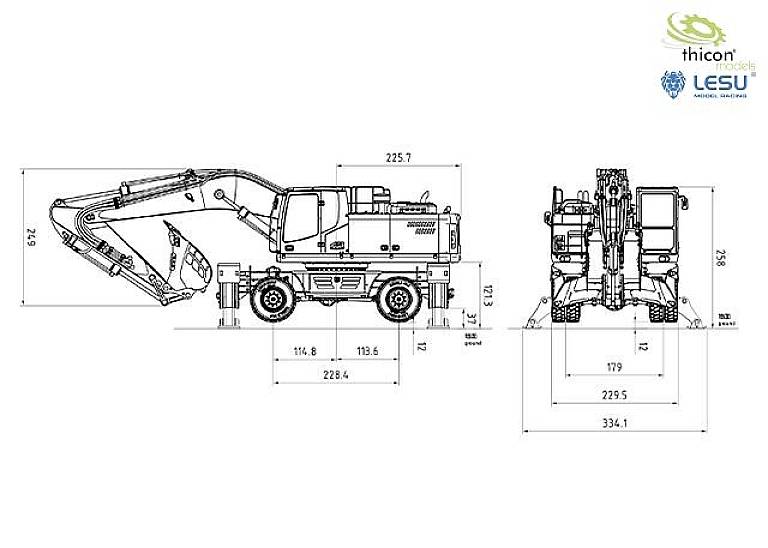 Technical drawing of an excavator with dimensions and two views: side and front. Shows detailed measurements of the vehicle.