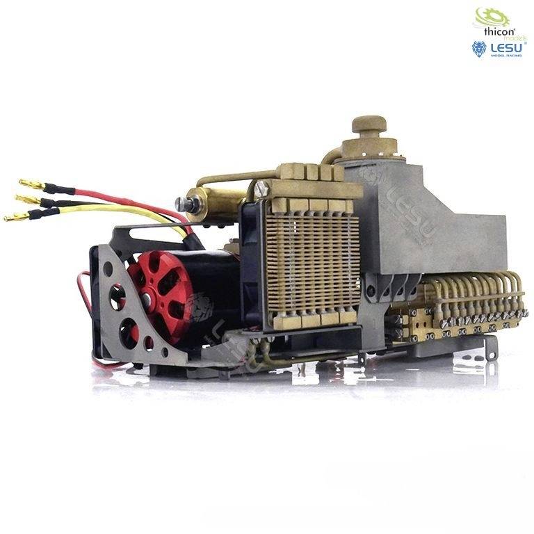 Model of an industrial diesel engine with visible cooling fins, red fan blades, and black cable connections.
