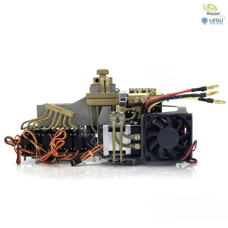 Hydraulic RC construction machinery component with fan, valves, and cables; for model building to simulate machine movements.