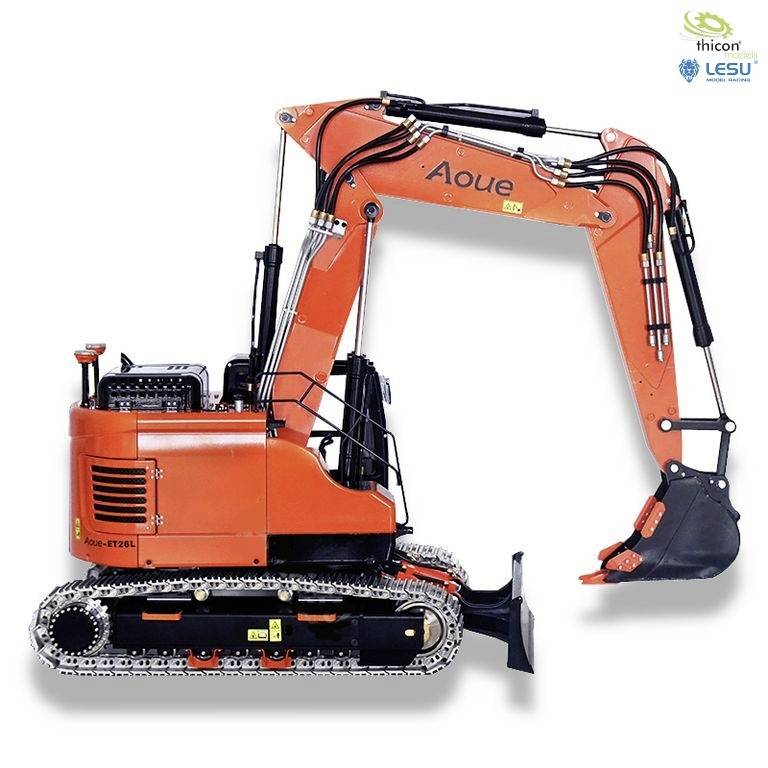 'Orange, remote-controlled tracked excavator Aoue-870K, side view, detailed construction machine, suitable for model-building enthusiasts.'