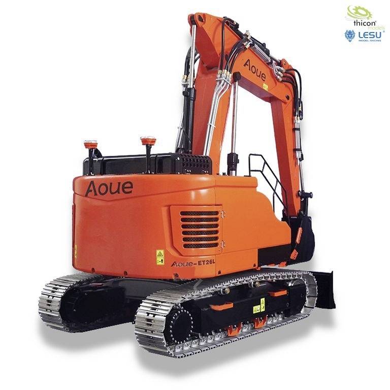 Orange tracked excavator marked with 'Aoue' on the arm and cabin, set against a white background.