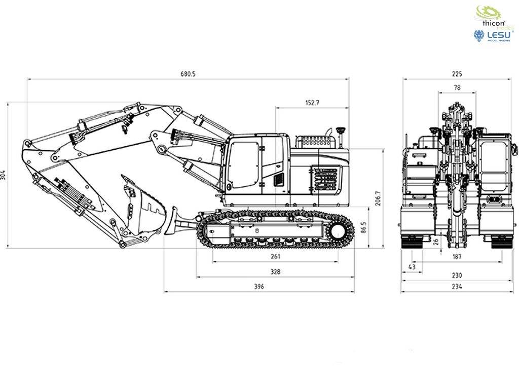 Technical drawing of an excavator with detailed dimensions. Shows side and front views with labels and scales.