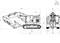 Technical drawing of an excavator with detailed dimensions. Shows side and front views with labels and scales.