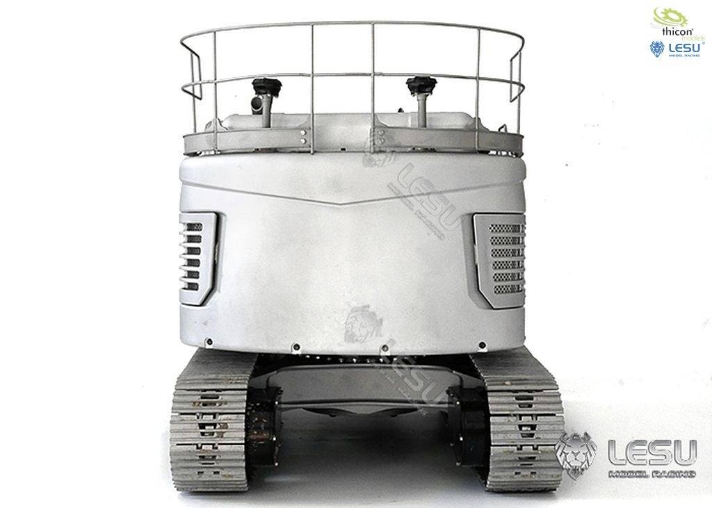 A silver model of a tracked vehicle with a protective front panel and raised railings. Logo and brand name at the corners.