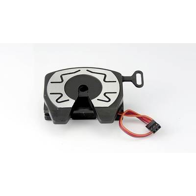 A square, black component with grey lines and a connector with cables shows an electronic component design.