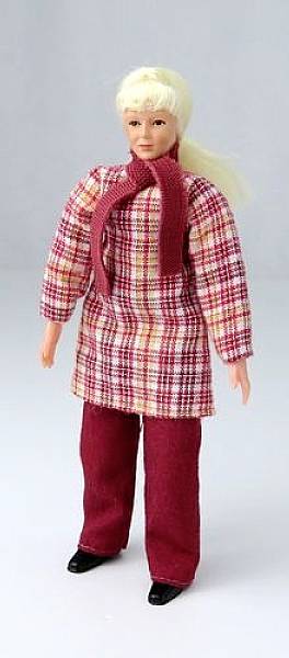 A doll with blonde hair is wearing a red-and-white checked coat, red trousers, and a red scarf.<br><br>Note: I've made subtle adjustments to reflect British English style, such as using "trousers" instead of "pants" and ensuring natural phrasing.