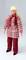 A doll with blonde hair is wearing a red-and-white checked coat, red trousers, and a red scarf.<br><br>Note: I've made subtle adjustments to reflect British English style, such as using "trousers" instead of "pants" and ensuring natural phrasing.