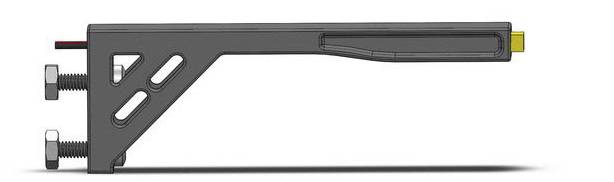 Side view of a metal lever with two mounting screws. The lever has cutouts for weight reduction and terminates in a yellow tip.