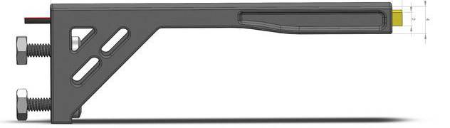 Side view of a black metal component with mounting screws and a rectangular arm, potentially part of a larger machine.