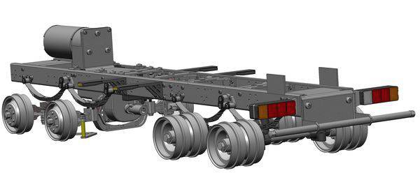 Illustration of a commercial vehicle chassis with detailed representation of suspension and wheels.