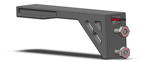 A metallic bracket with a rectangular plate, two screws and nuts, and side recesses. Mounting structure visible.