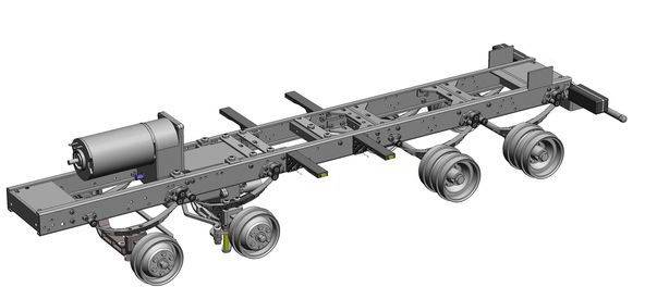 A technical diagram of a chassis with three axles and an integrated motor, showing the structure and arrangement of the components.