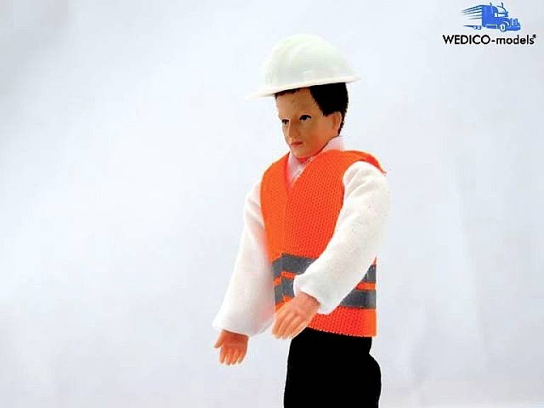 A male toy figure wearing a white safety helmet and an orange high-visibility vest. The 'WEDICO-models' logo is visible in the background.