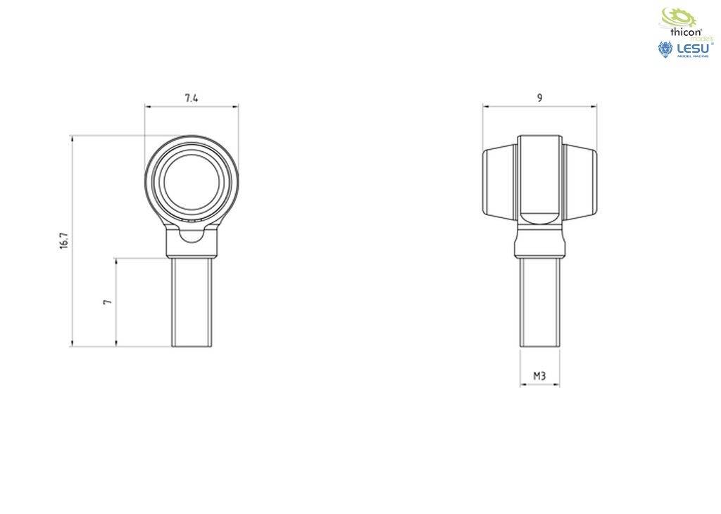 Technical drawing of a component with dimensions in millimetres. Front and side view, with measurements 16.7 x 9 x 7.4 and M3.