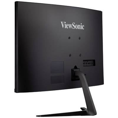 Rear view of a black monitor with the 'ViewSonic' logo in the centre. The monitor has a sturdy stand and ports.