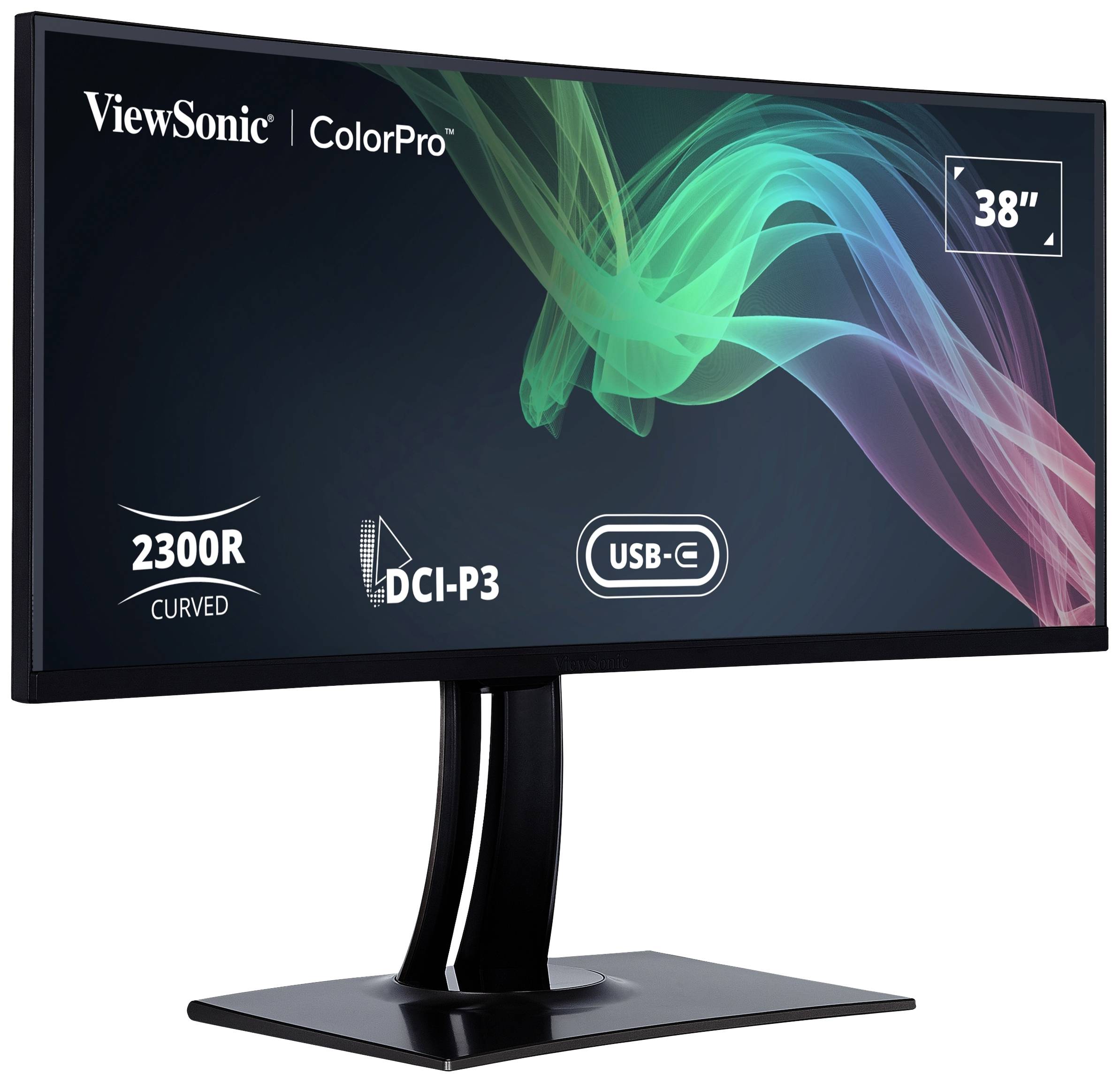 Wide ViewSonic ColorPro computer monitor with 38-inch size, 2300R curvature. Supports DCI-P3 colour space and USB-C connection.