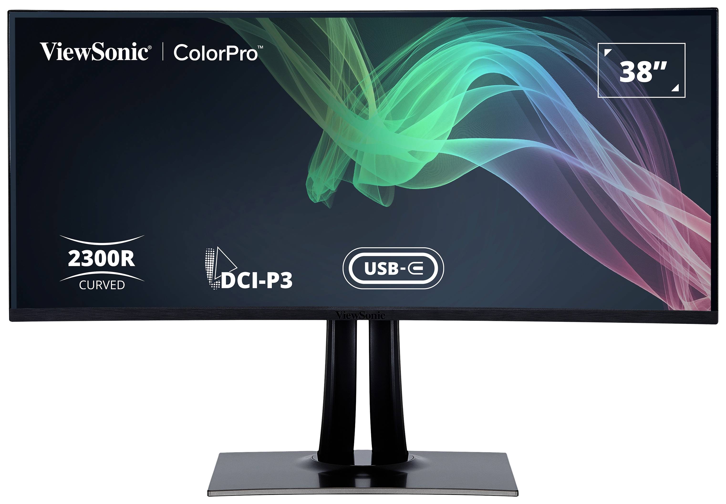 A 38-inch curved monitor from ViewSonic shows specifications: 2300R curvature, DCI-P3 colour space and USB-C connection.