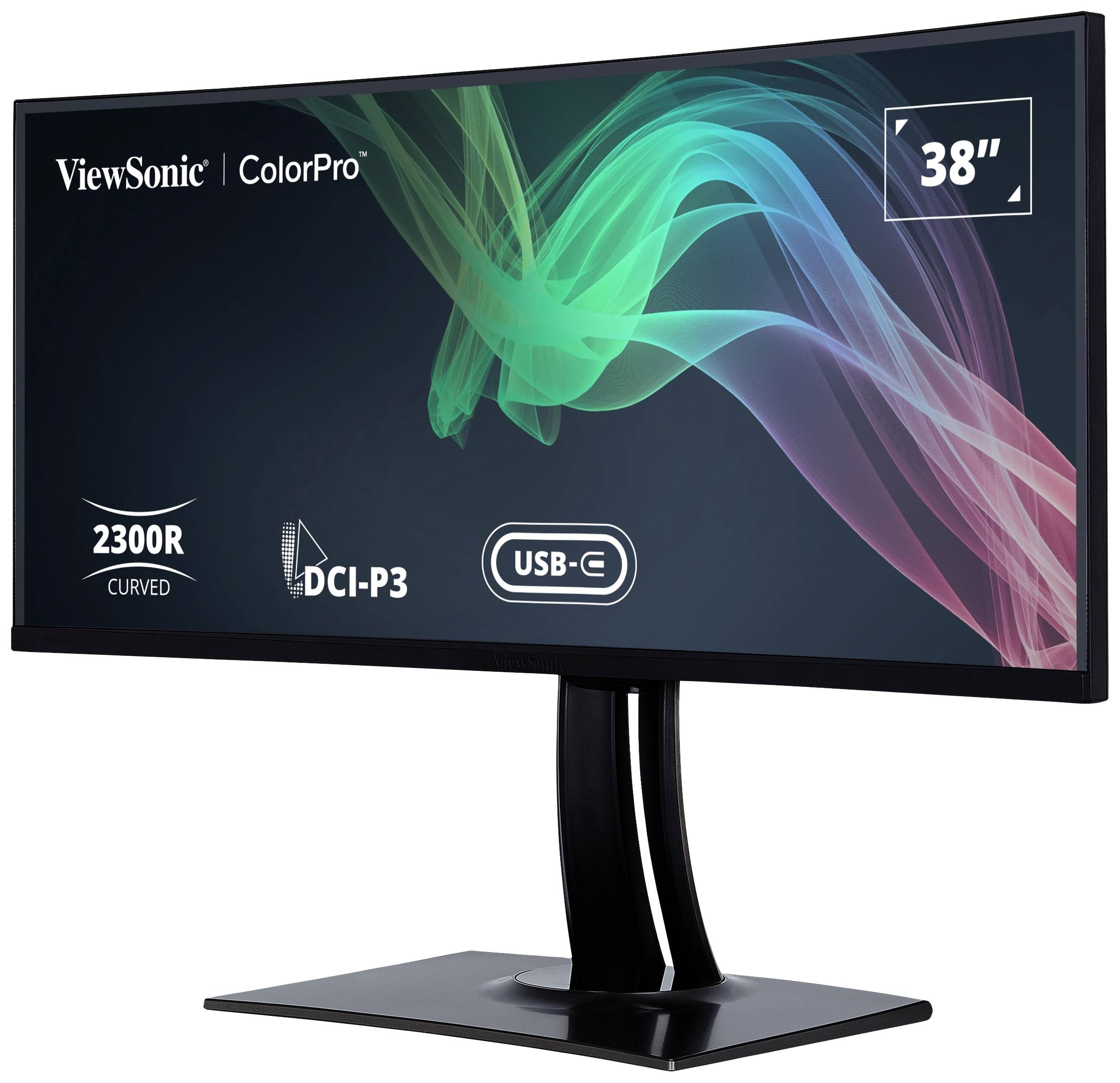A 38-inch ViewSonic ColorPro monitor with a curved screen, DCI-P3 colour space and USB-C connection; displaying a colourful pattern.