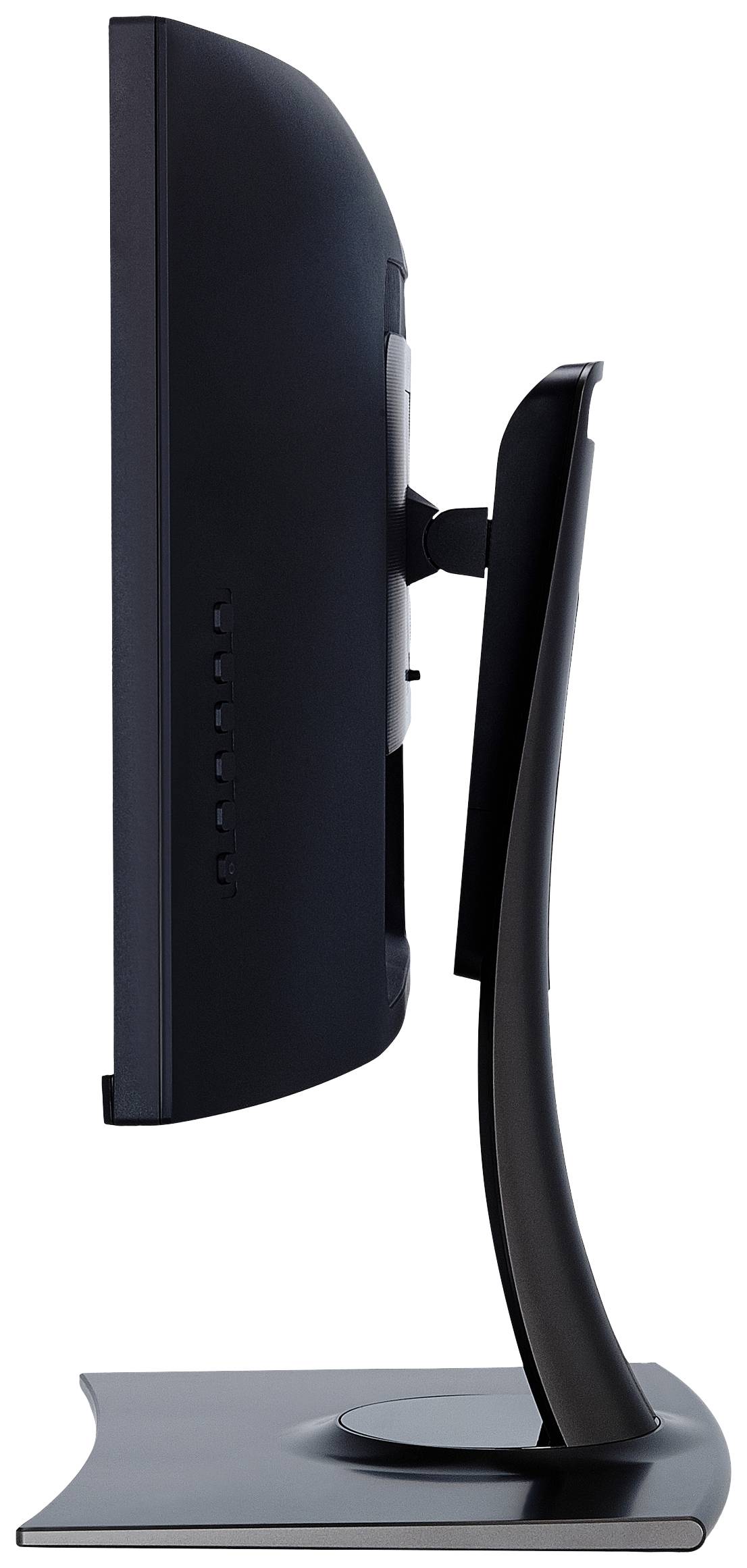 A side-angled black computer monitor with a curved screen and rounded base stand.