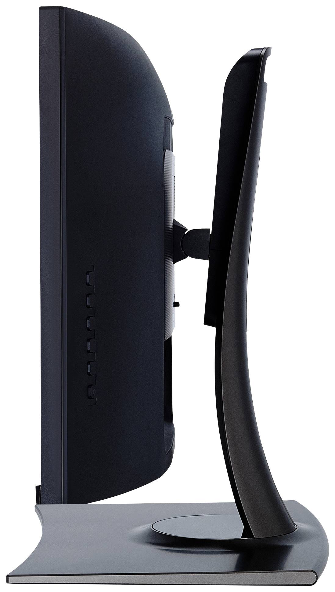 Side view of a flat computer monitor on a stand, displaying a slim design and adjustable screen.