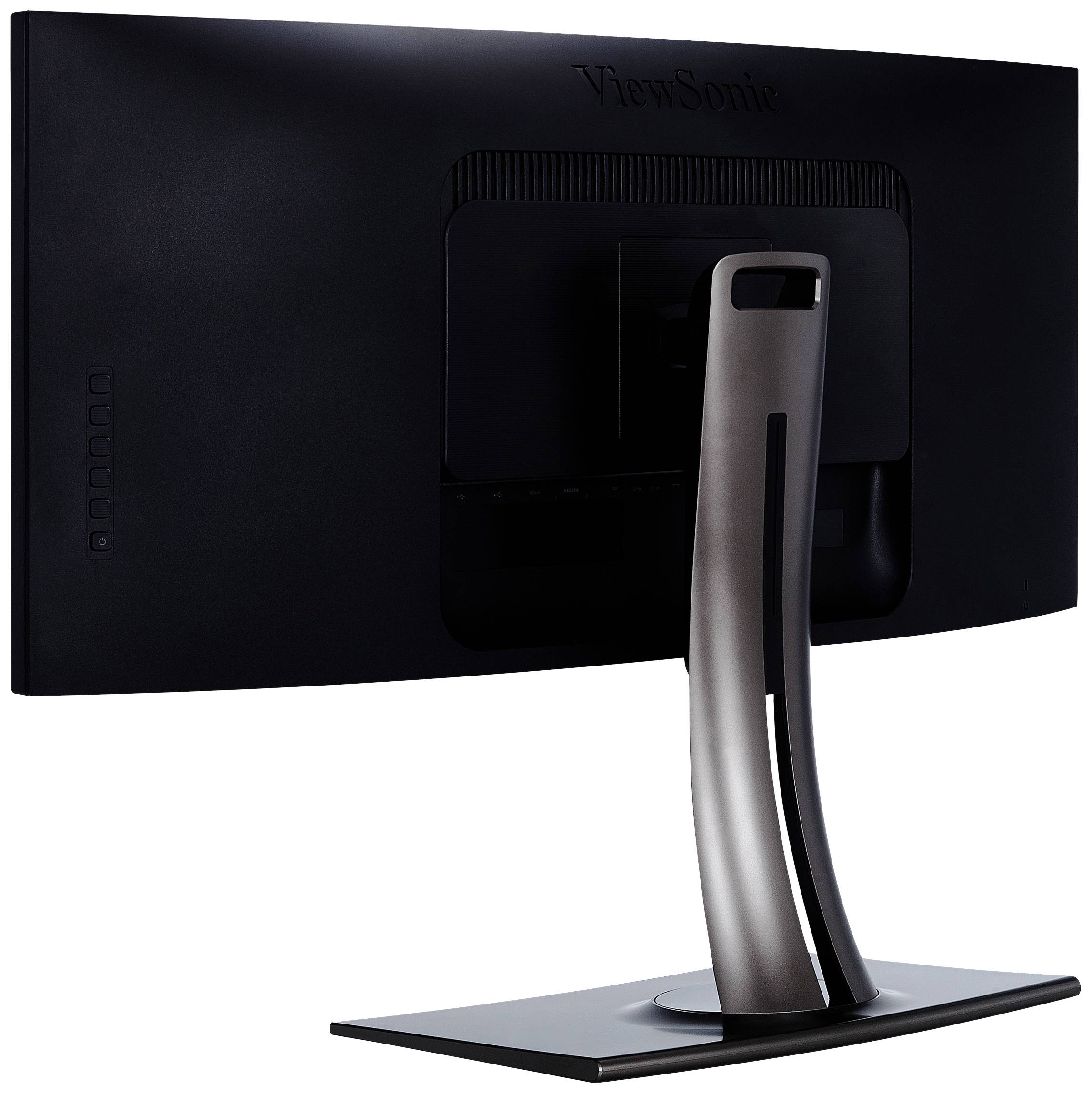 'Black monitor viewed from behind, on a stand, with several control buttons on the left side of the casing.'