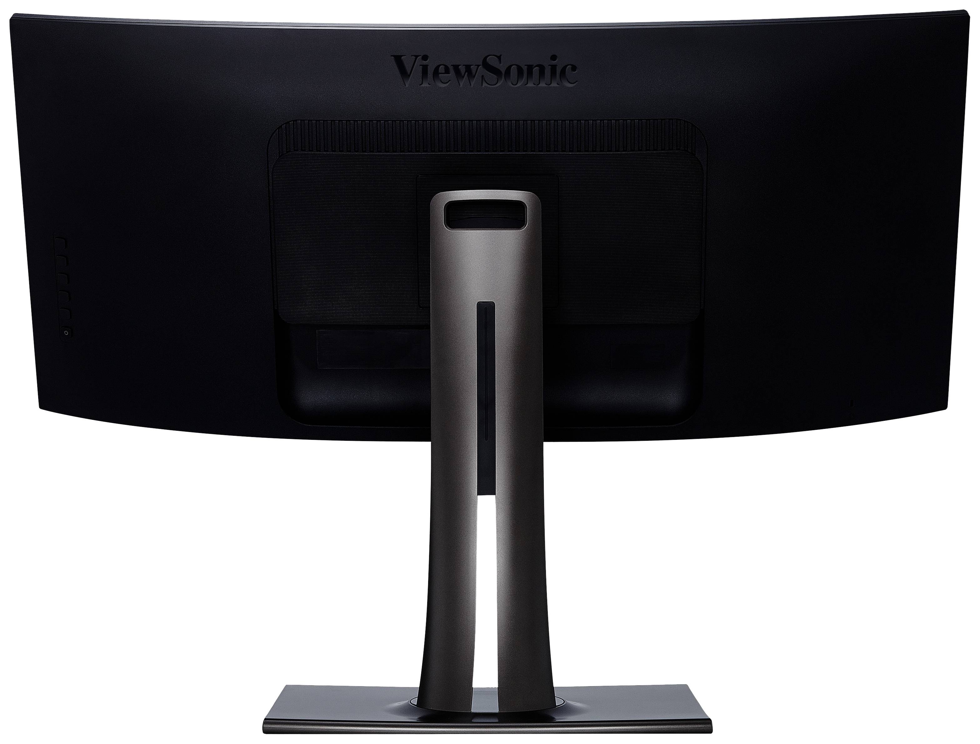Rear view of a black, curved computer monitor with a sturdy stand.