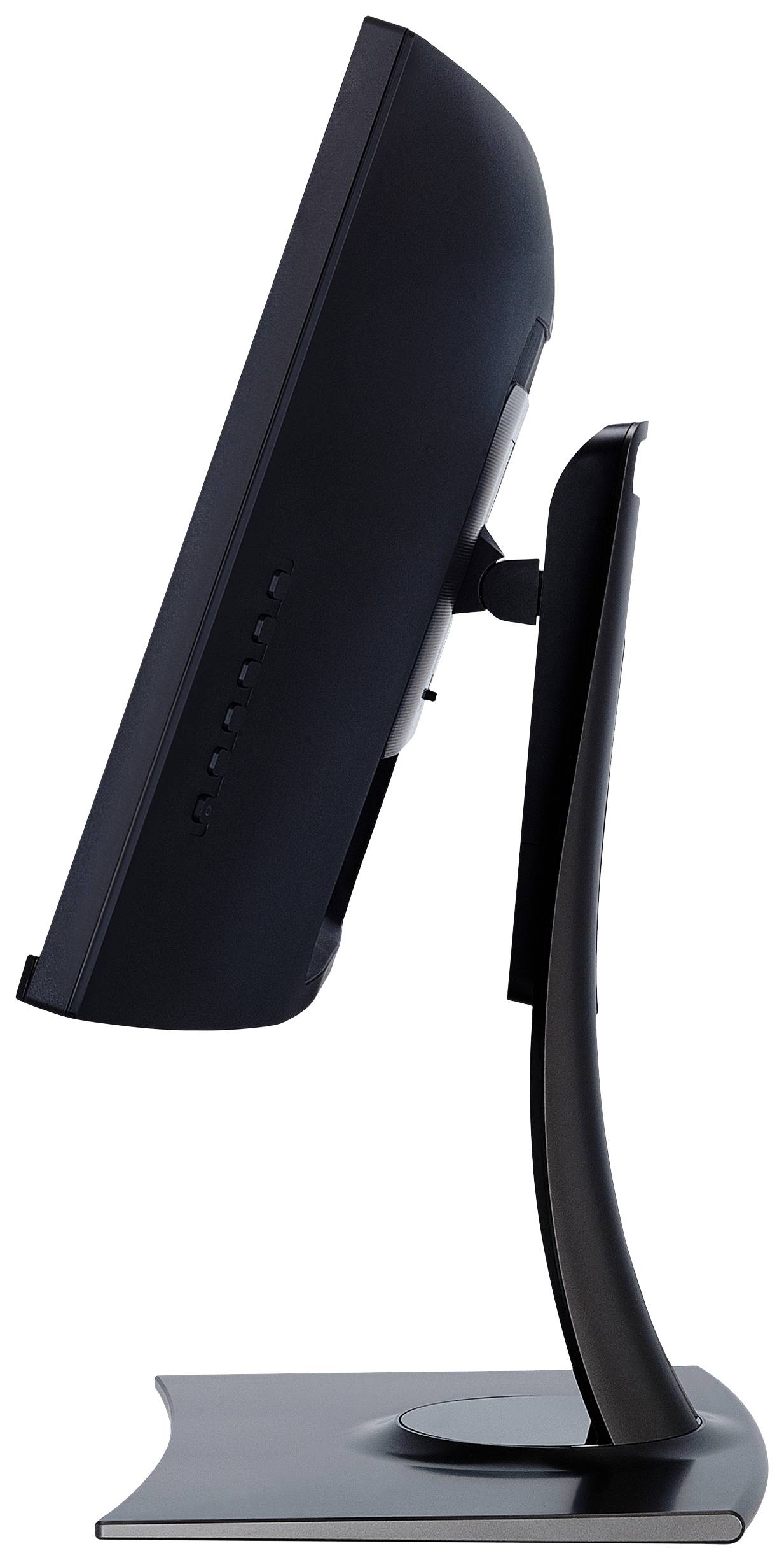 A black computer monitor from a side perspective, showing the slim and curved design of the stand.