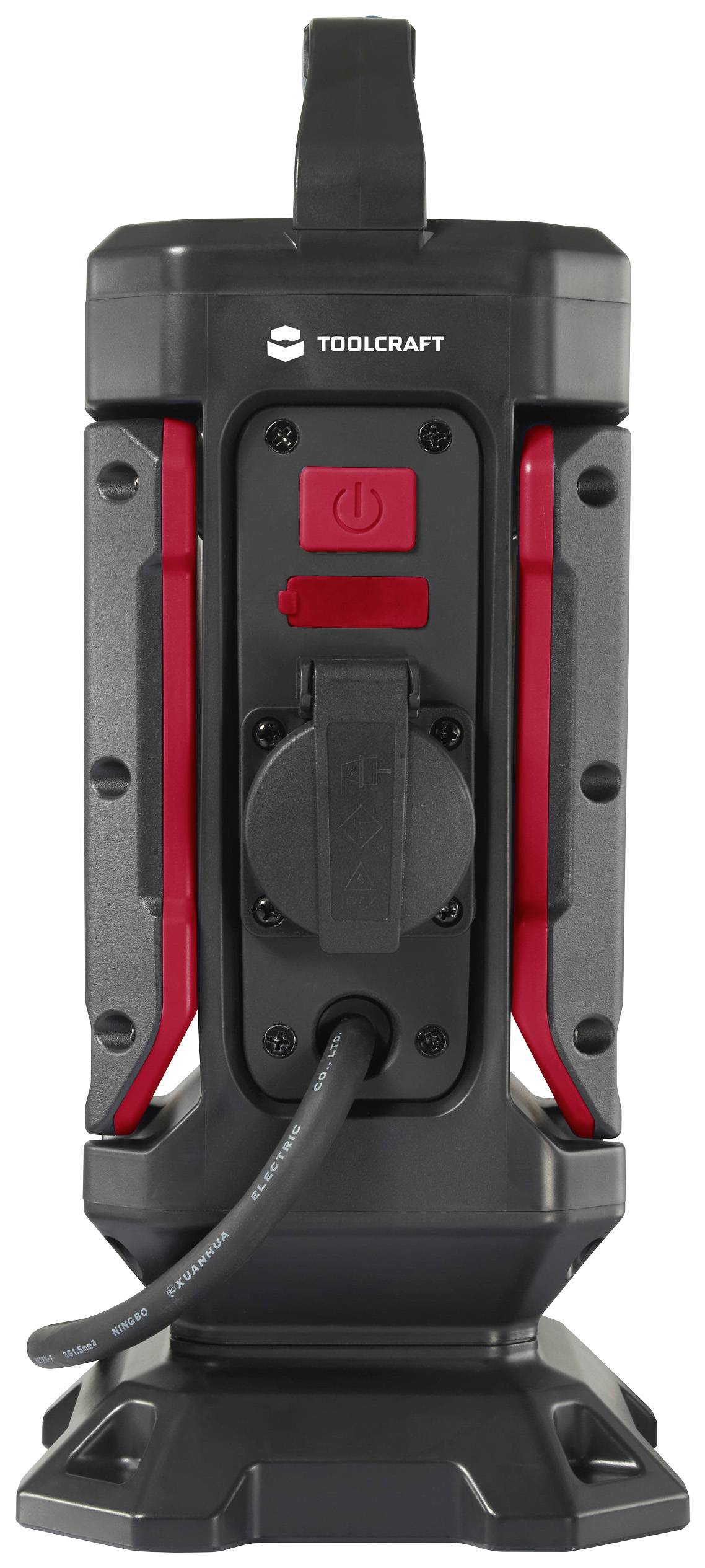 A black torch with a red switch and a black cable at the bottom.<br><br>Note: In British English, "torch" is used instead of the American "flashlight", which reflects the standard terminology for this device in the UK.