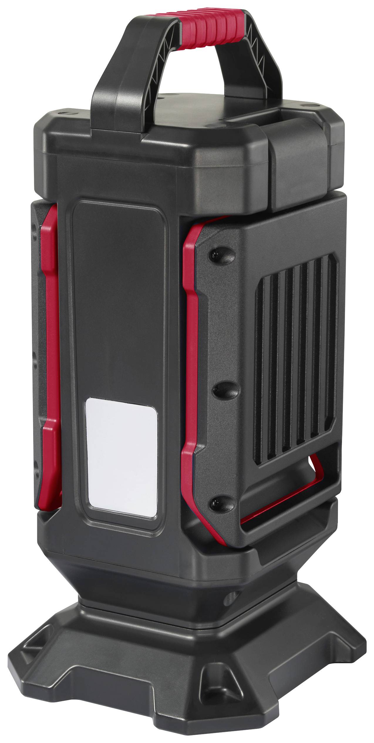 Portable, rectangular lantern in black and red with a handle, suitable for outdoor or emergency lighting.