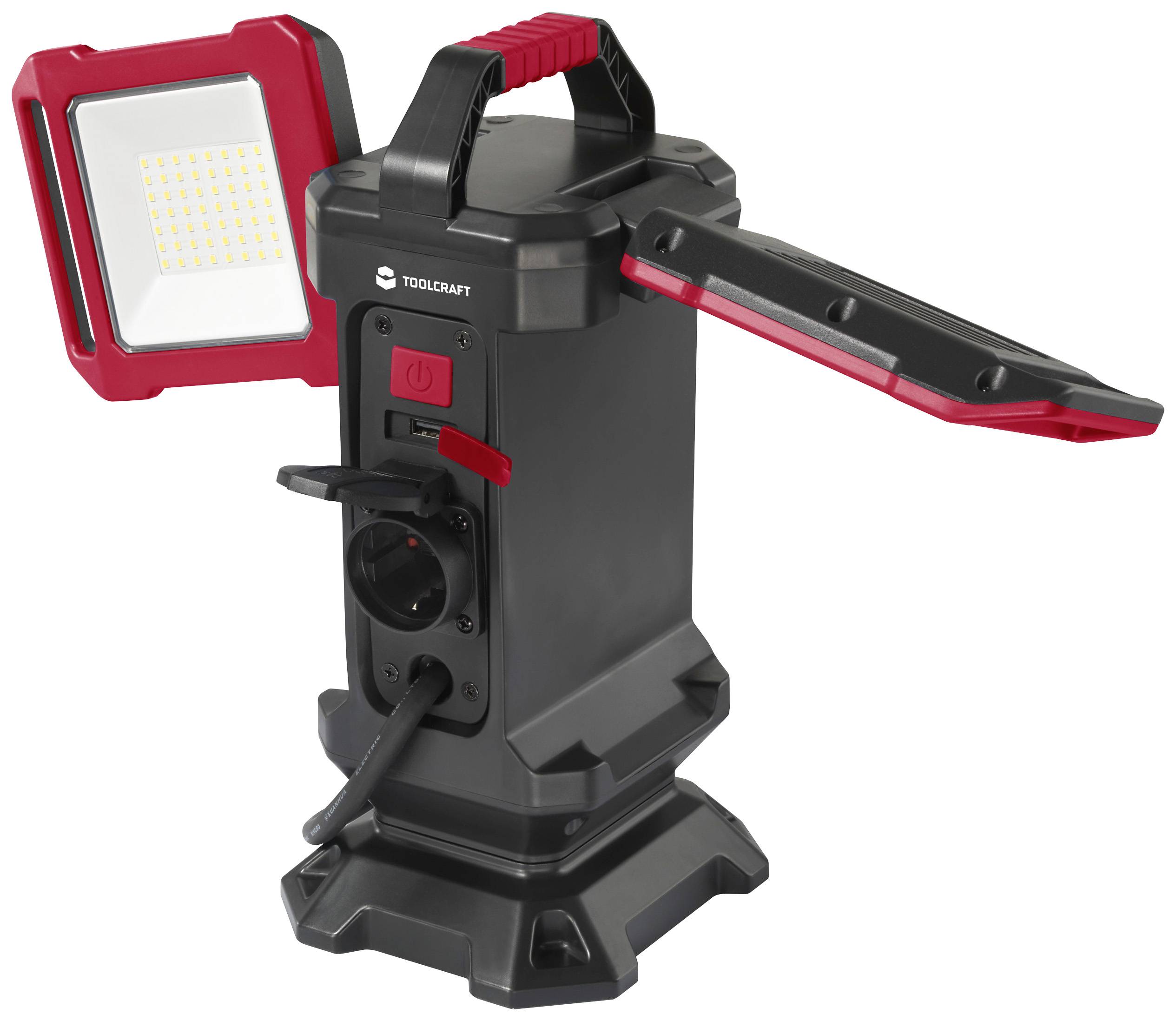 LED Work Light with Adjustable Arm and Integrated Carry Handle, Black Housing, Red Accents.
