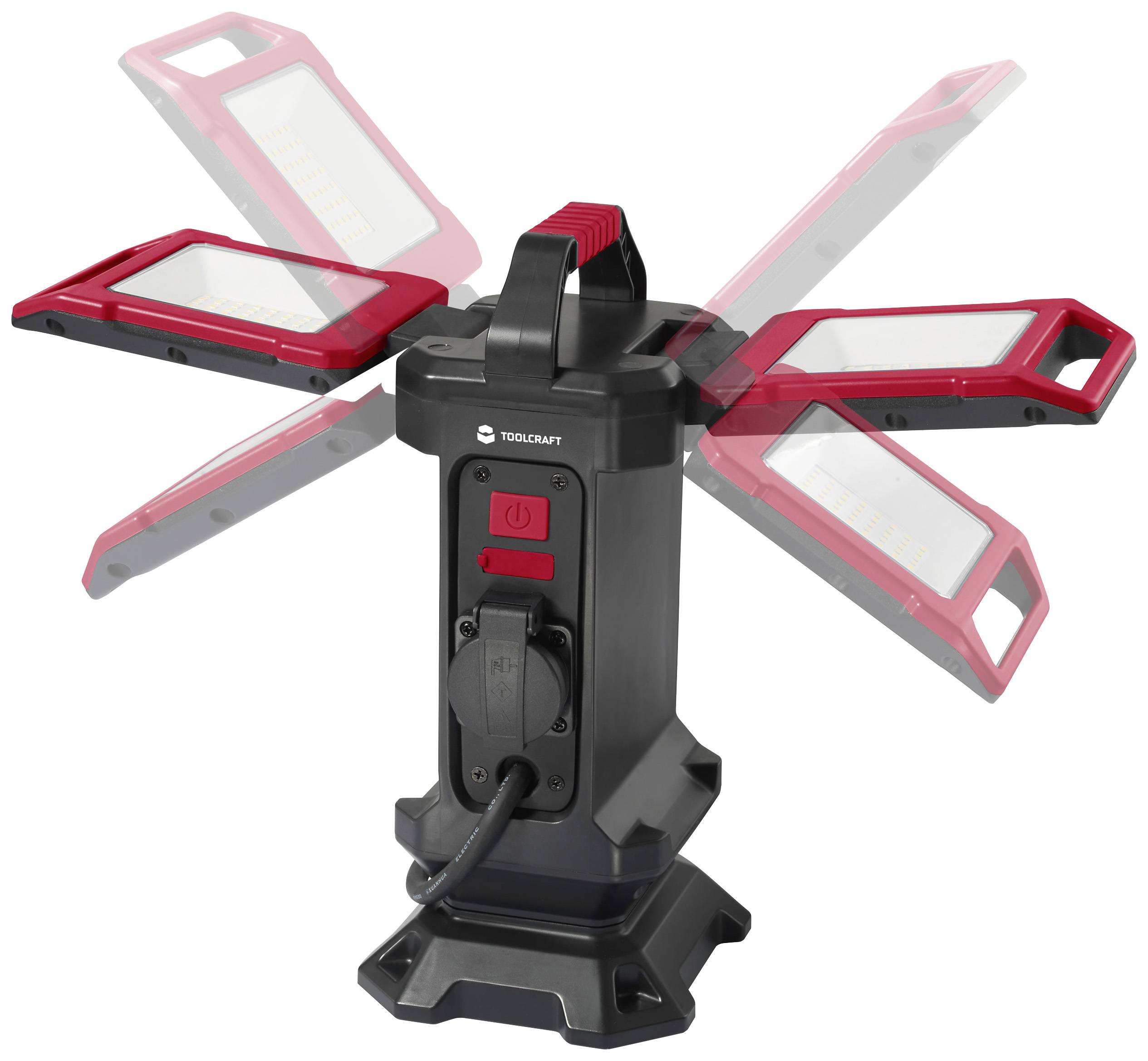 Portable LED work light with foldable, rotating arms for flexible illumination, central power socket on the front.