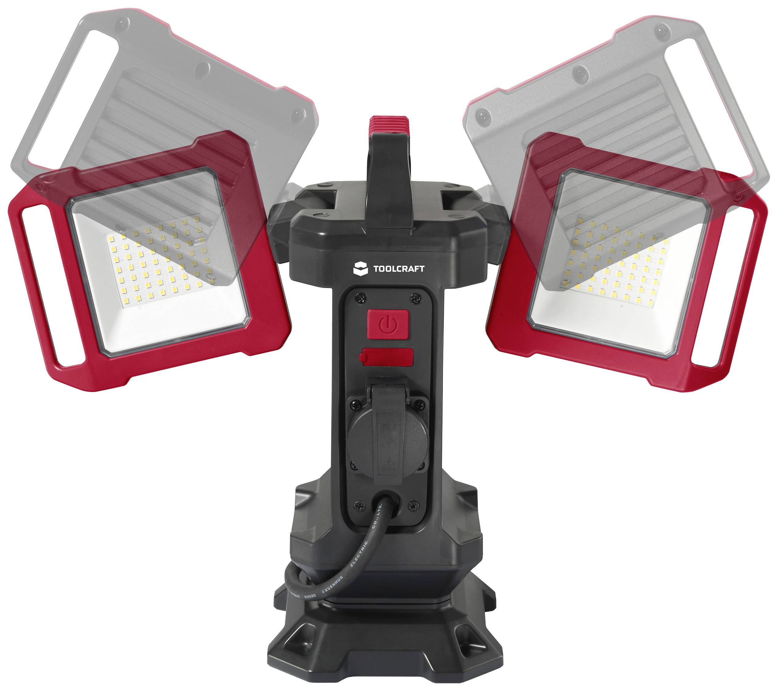 Two adjustable LED floodlights on a sturdy stand, suitable for workshops and construction sites, with pivoting light heads.