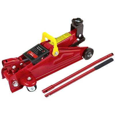 Red hydraulic car jack with a black saddle and yellow handle, suitable for lifting vehicles. Includes red lever arms.