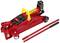 Red hydraulic car jack with a black saddle and yellow handle, suitable for lifting vehicles. Includes red lever arms.