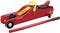 A red jack with a yellow handle and a removable lifting rod for raising vehicles. Suitable for car maintenance work.