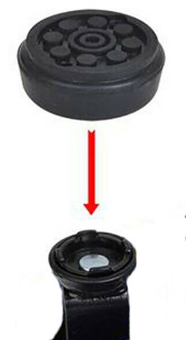 A round rubber replacement part with an arrow indicates its placement on a metal component.