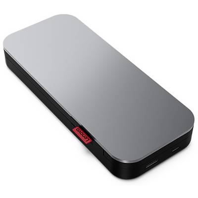 The image depicts a rectangular, silver Lenovo docking station with multiple connection ports, set against a white background.