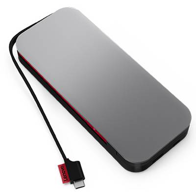 A rectangular, silver-coloured power bank with a black border and attached USB cable. 'Lenovo' brand name on a red label.