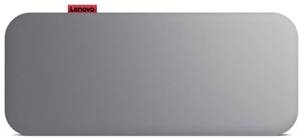 Grey Lenovo power bank with rounded corners and a red Lenovo logo in the top left corner.