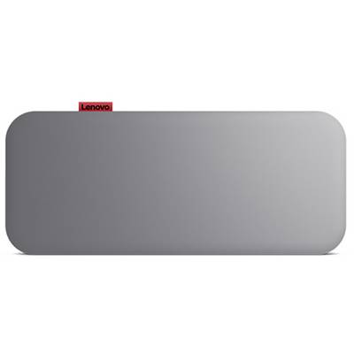 Grey Lenovo power bank with rounded corners and a red Lenovo logo in the top left corner.
