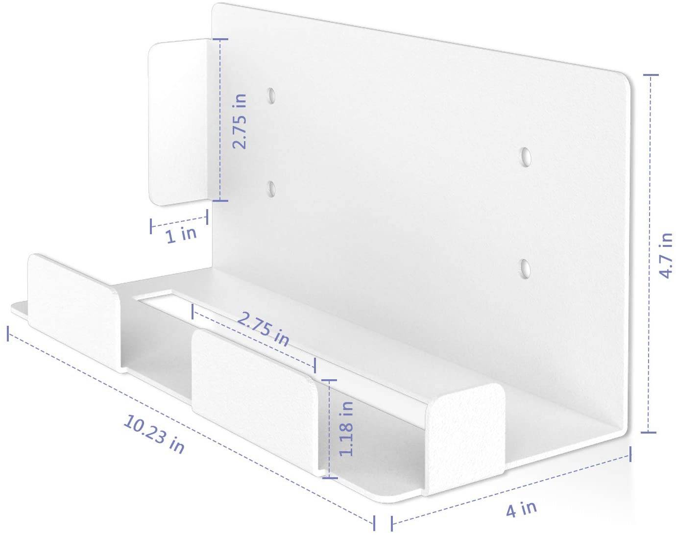 White wall mounting with dimensions: 10.23 inches length, 4 inches height, 2.75 inches width. Contains compartments and drill holes for mounting.